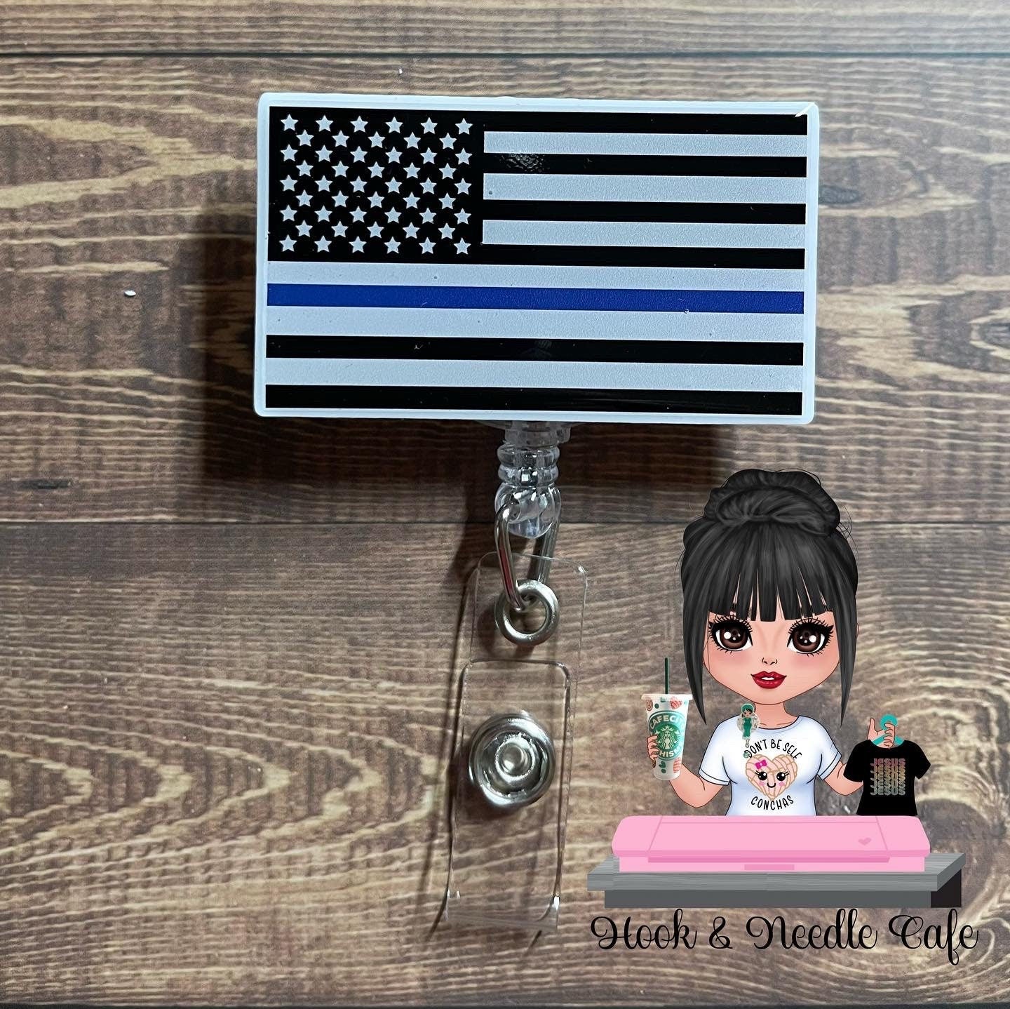 Thin Blue Line Badge Reel - Police Badge Clip - Flag Badge Holder - Retractable Lanyard - Police - ER Nurse - Back the blue