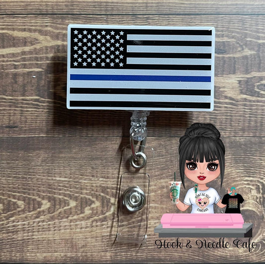 Thin Blue Line Badge Reel - Police Badge Clip - Flag Badge Holder - Retractable Lanyard - Police - ER Nurse - Back the blue