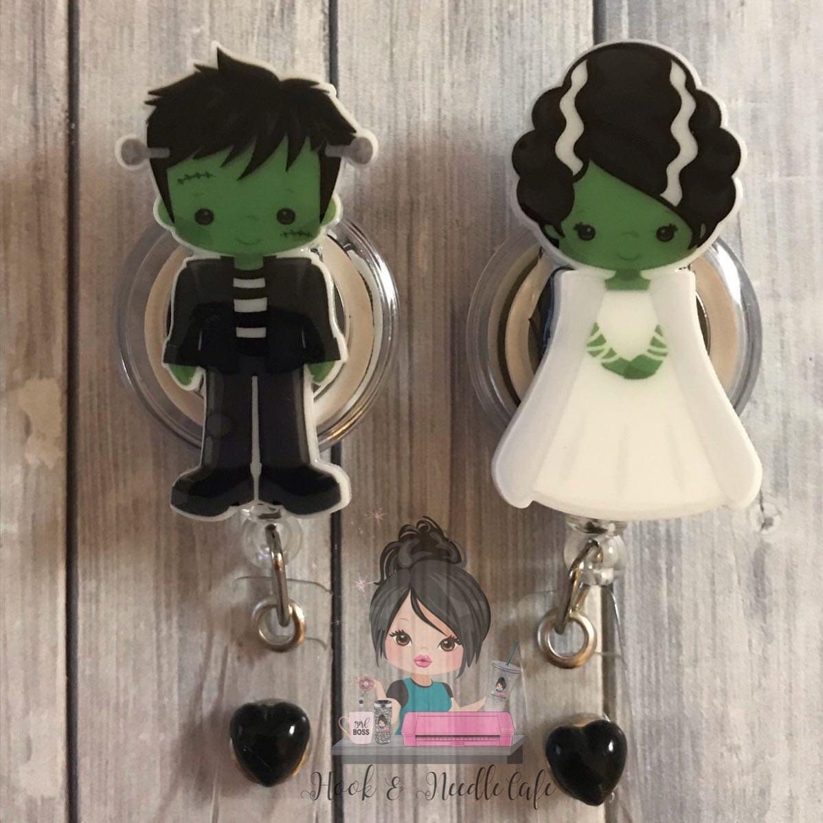 Frankenstein and Bride badge holders/ Cute badge holders/ retractable/ Bride of Frankenstein / Belt Clip